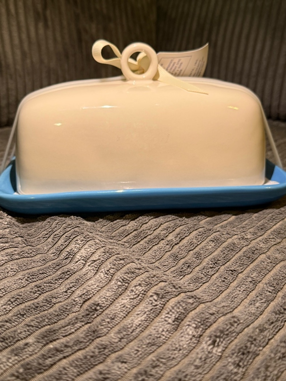 Rae Dunn Ceramic Butter Dish in White and Light Blue - Picture 3 of 8
